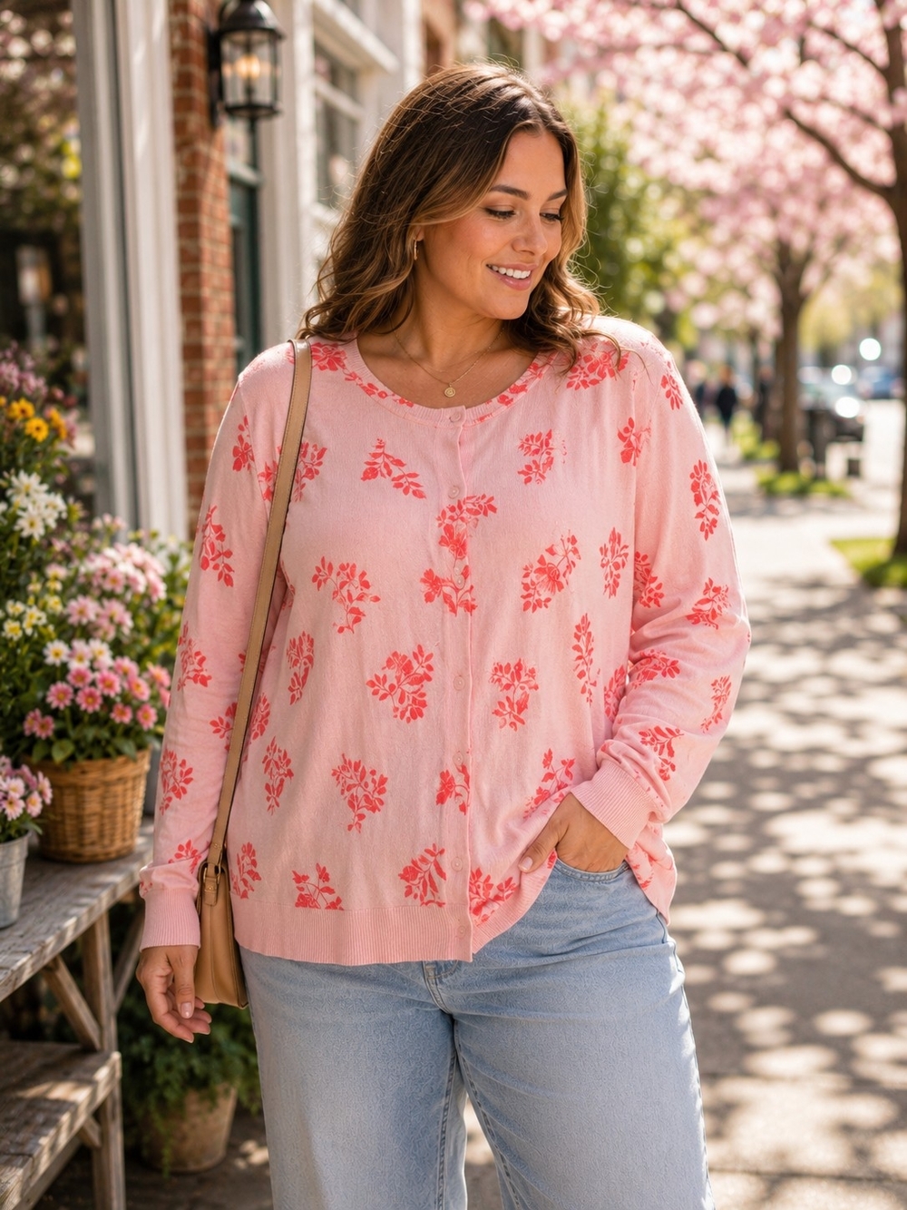 Style & Co. Pink Floral Long-Sleeve Button Cardigan